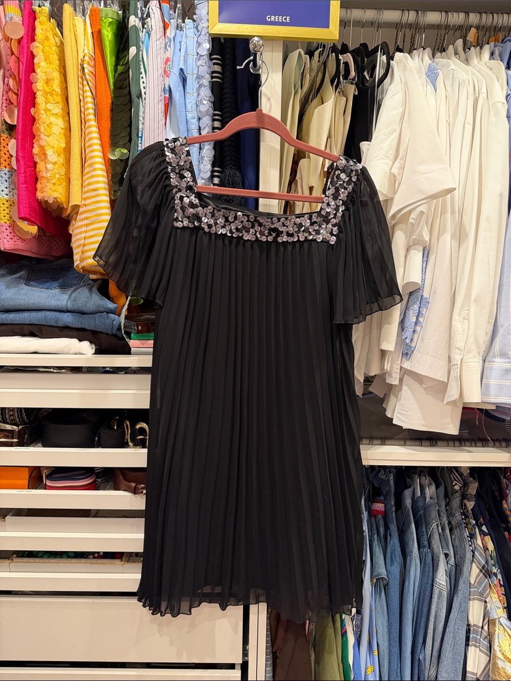 Black Pleated Mini Dress with Sequin Neckline